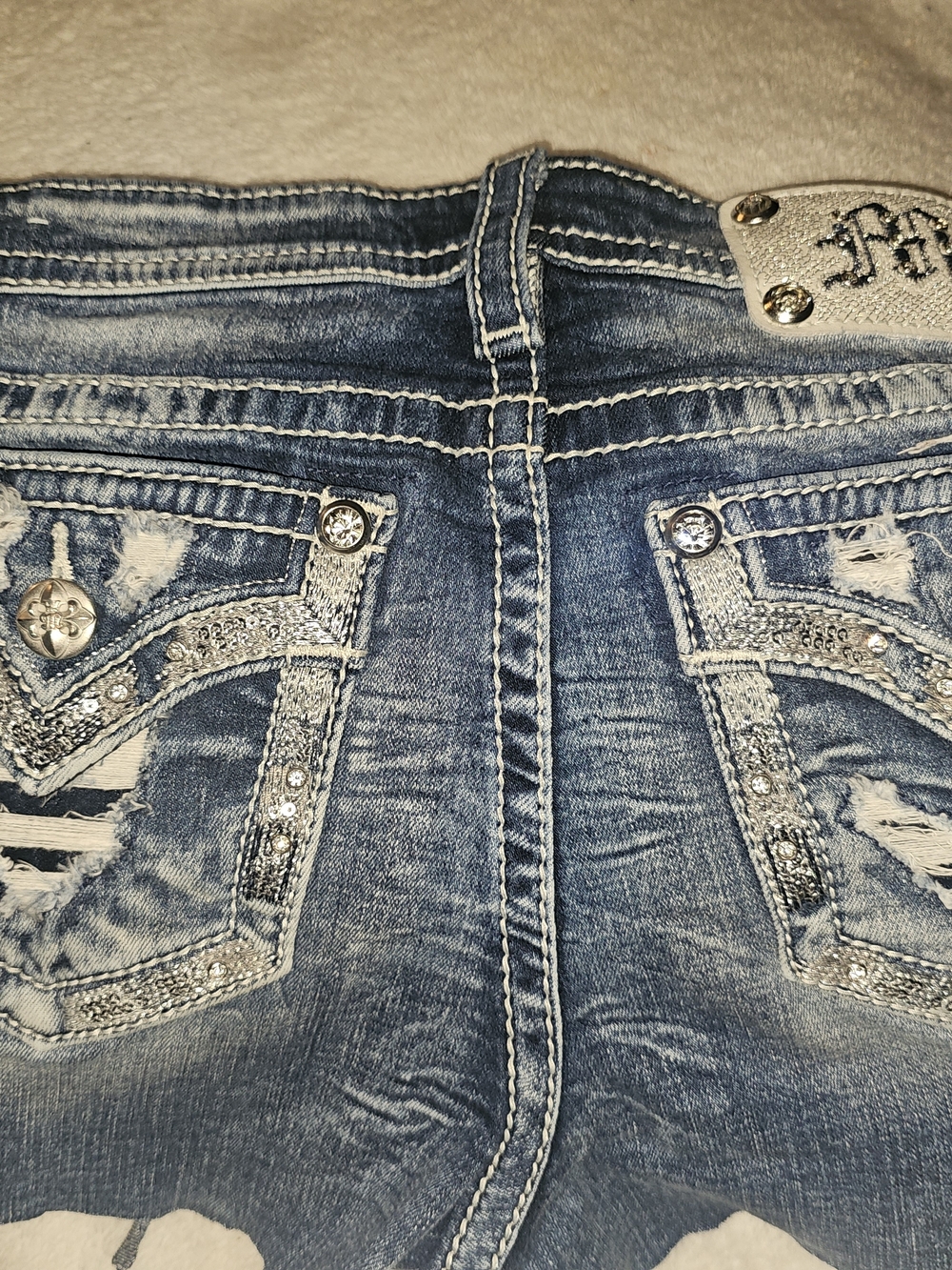 Miss Me Rhinestone Embellished Distressed Boot-Cut Shorts - Blue - Picture 3 of 4